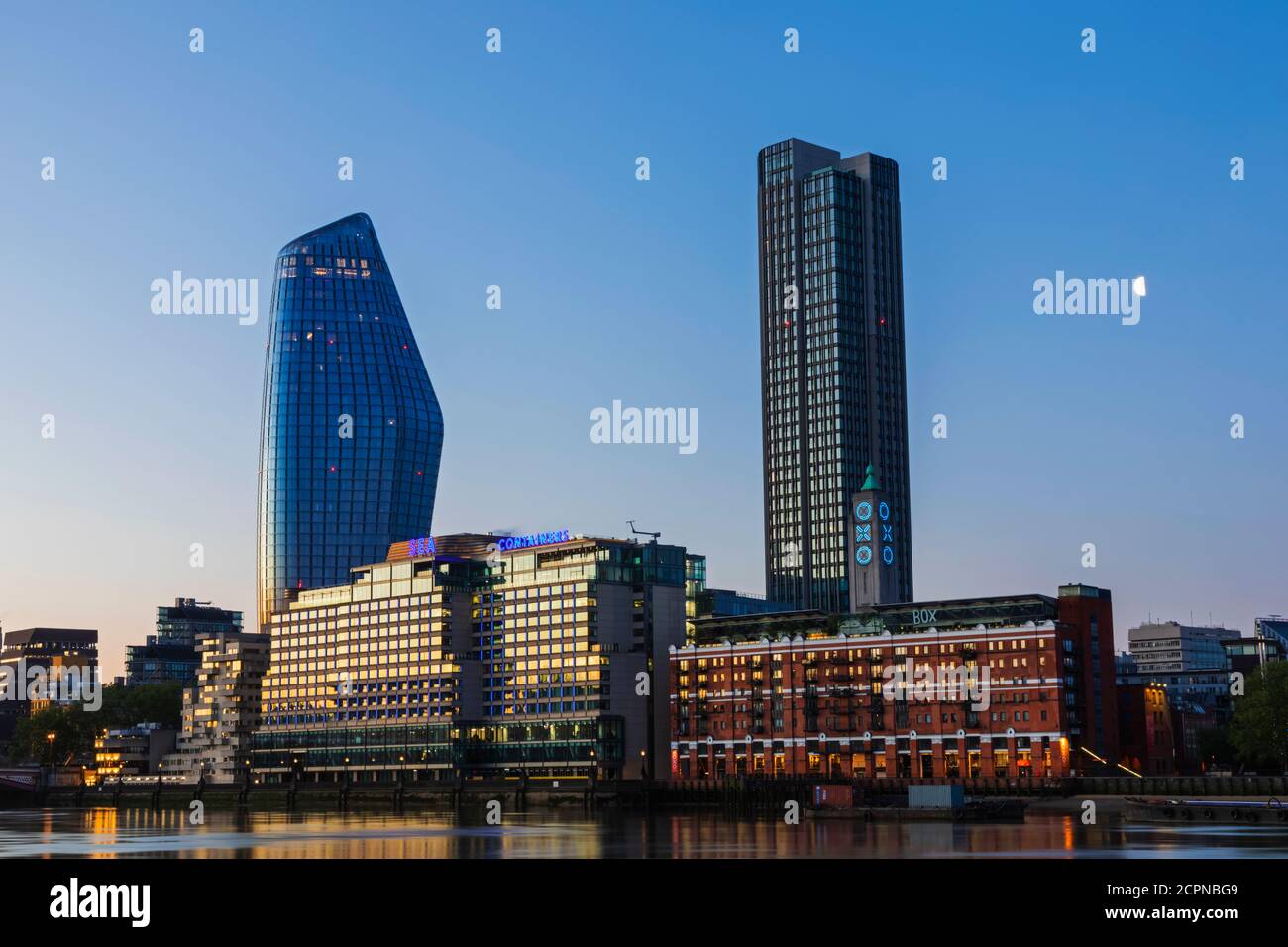 England, London, Southwark, Bankside Skyline and River Thames at Night Stock Photo