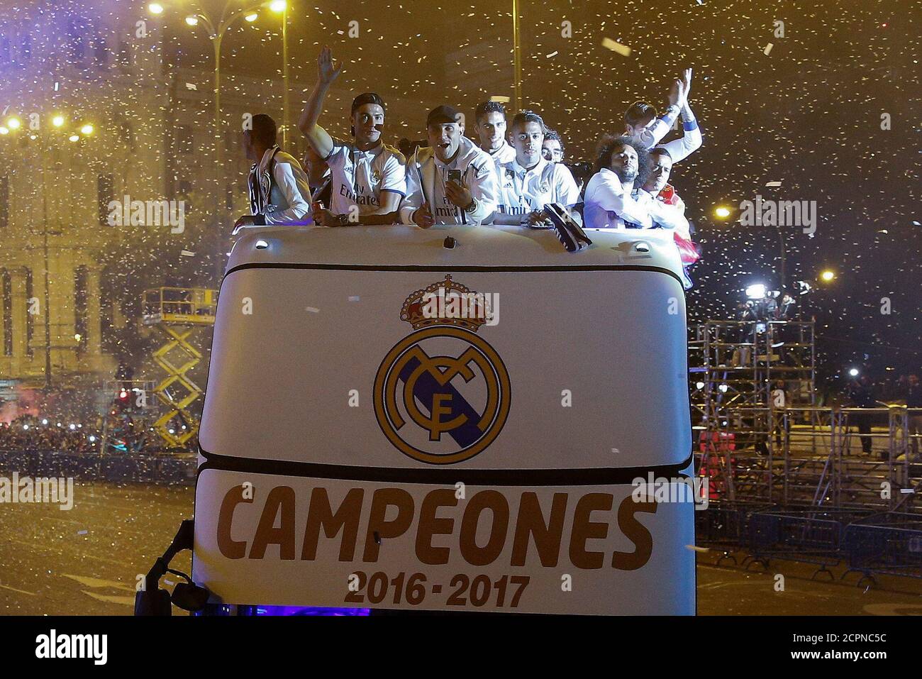 Football Soccer Malaga V Real Madrid Spanish La Liga Santander Madrid Spain 22 5 17 Real Madrid Players Celebrate Atop Their Bus As It Arrives To Cibeles Square After