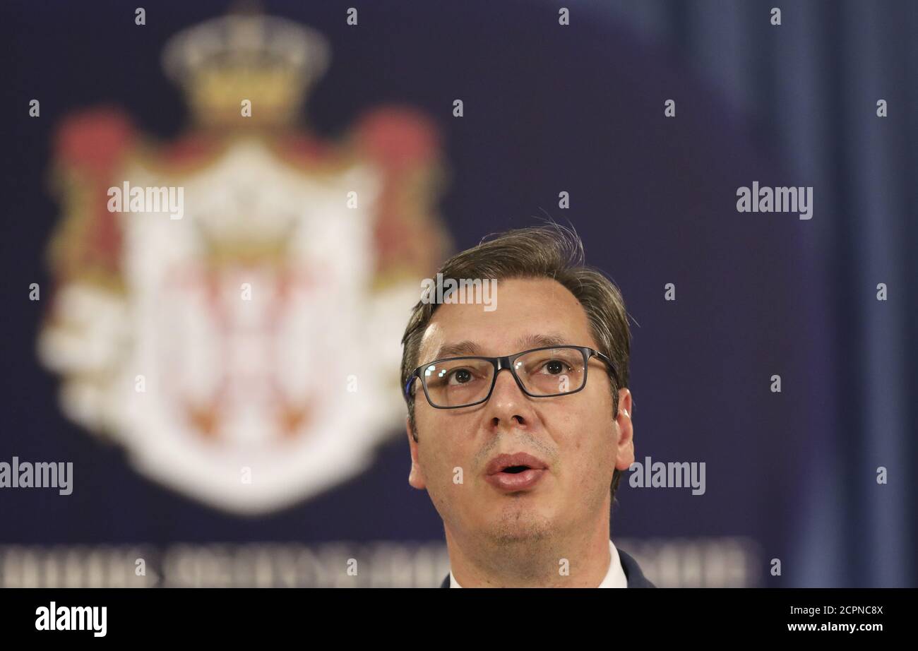 Serbian President Aleksandar Vucic talks during a news conference where he nominates Ana Brnabic as the country's new Prime Minister in Belgrade, Serbia, June 15, 2017. REUTERS/Marko Djurica Stock Photo