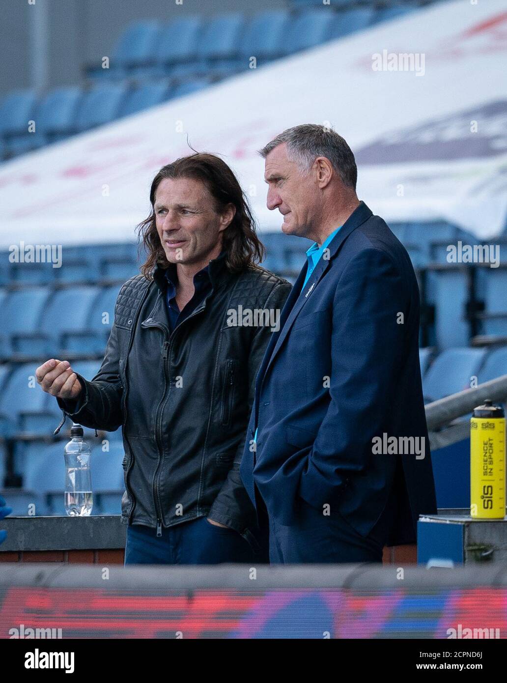 Blackburn, UK. 19th Sep, 2020. Wycombe Wanderers manager Gareth Ainsworth & Manager Tony Mowbray during the Sky Bet Championship behind closed doors match between Blackburn Rovers and Wycombe Wanderers at Ewood Park, Blackburn, England on 19 September 2020. Photo by Andy Rowland. Credit: PRiME Media Images/Alamy Live News Stock Photo