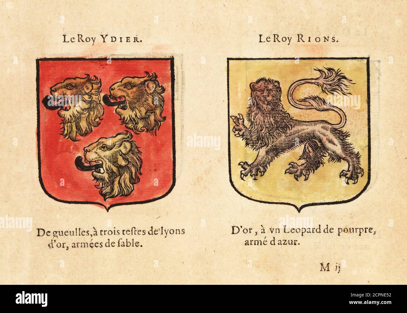 Imaginary coats of arms of King Arthur’s Knights of the Round Table: Edern ap Nudd with three lion heads and King Rience with purple leopard. Chevaliers de la table ronde: Le Roy YDIER, Le Roy RIONS. Handcoloured woodblock engraving from Hierosme de Bara’s Le Blason des Armoiries, Chez Rolet Boutonne, Paris, 1628 Stock Photo