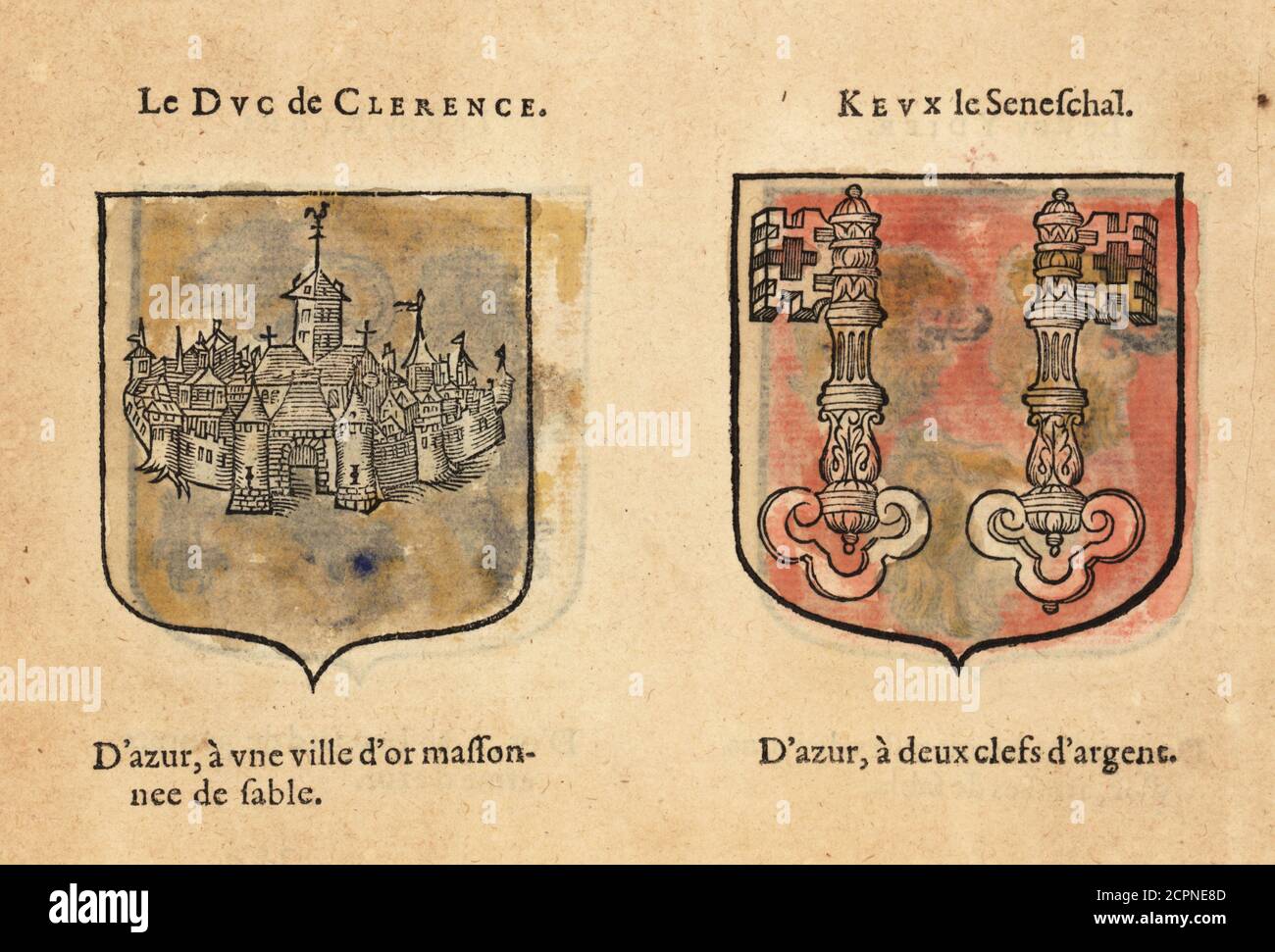 Imaginary coats of arms of King Arthur’s Knights of the Round Table: Galeschin, Duke of Clarence, with golden town, and Sir Kay with silver keys. Chevaliers de la table ronde: Le DUC de CLERENCE, KEUX le Seneschal. Handcoloured woodblock engraving from Hierosme de Bara’s Le Blason des Armoiries, Chez Rolet Boutonne, Paris, 1628 Stock Photo