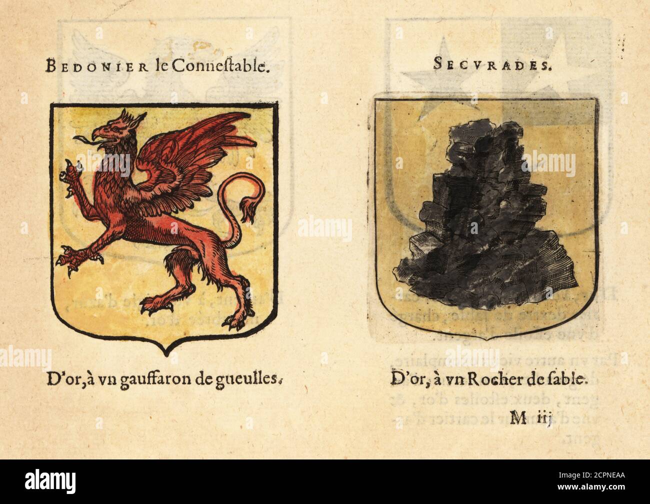 Imaginary coats of arms of the First Chapter of King Arthur’s Knights of the Round Table: Bedonier the Constable with red griffon, and Segurades de Mont Grand, with black rock. Chevaliers de la table ronde: BEDONIER le Connestable, SECURADES. Handcoloured woodblock engraving from Hierosme de Bara’s Le Blason des Armoiries, Chez Rolet Boutonne, Paris, 1628 Stock Photo