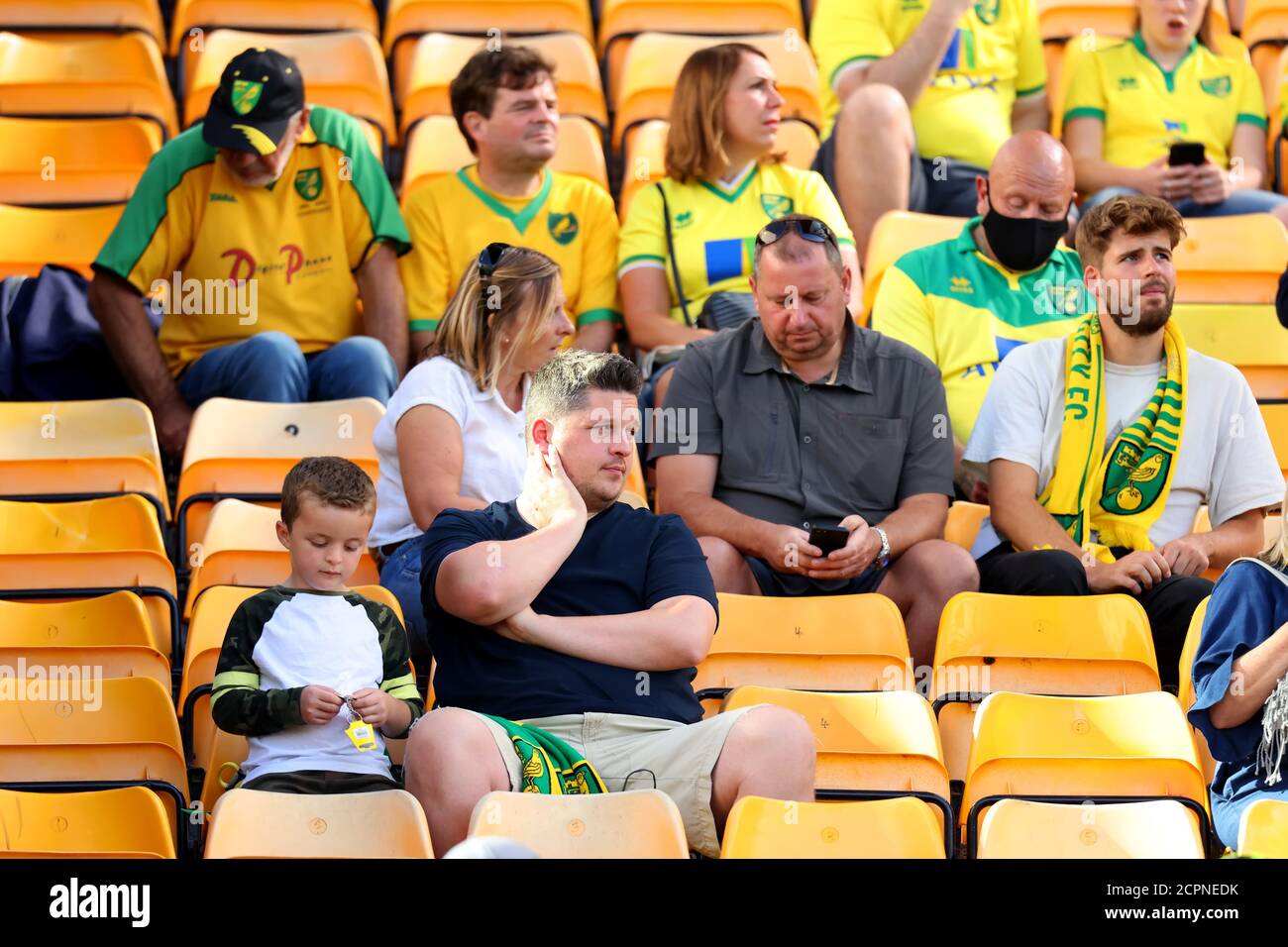 Norwich, UK. 19th Sep, 2020. Norwich, Norfolk, UK. 19th Sep, 2020. 19th September 2020; Carrow Road, Norwich, Norfolk, England, English Championship Football, Norwich versus Preston North End; Norwich City fans sit in the south stand before kick off Credit: Action Plus Sports Images/Alamy Live News Credit: Action Plus Sports Images/Alamy Live News Stock Photo