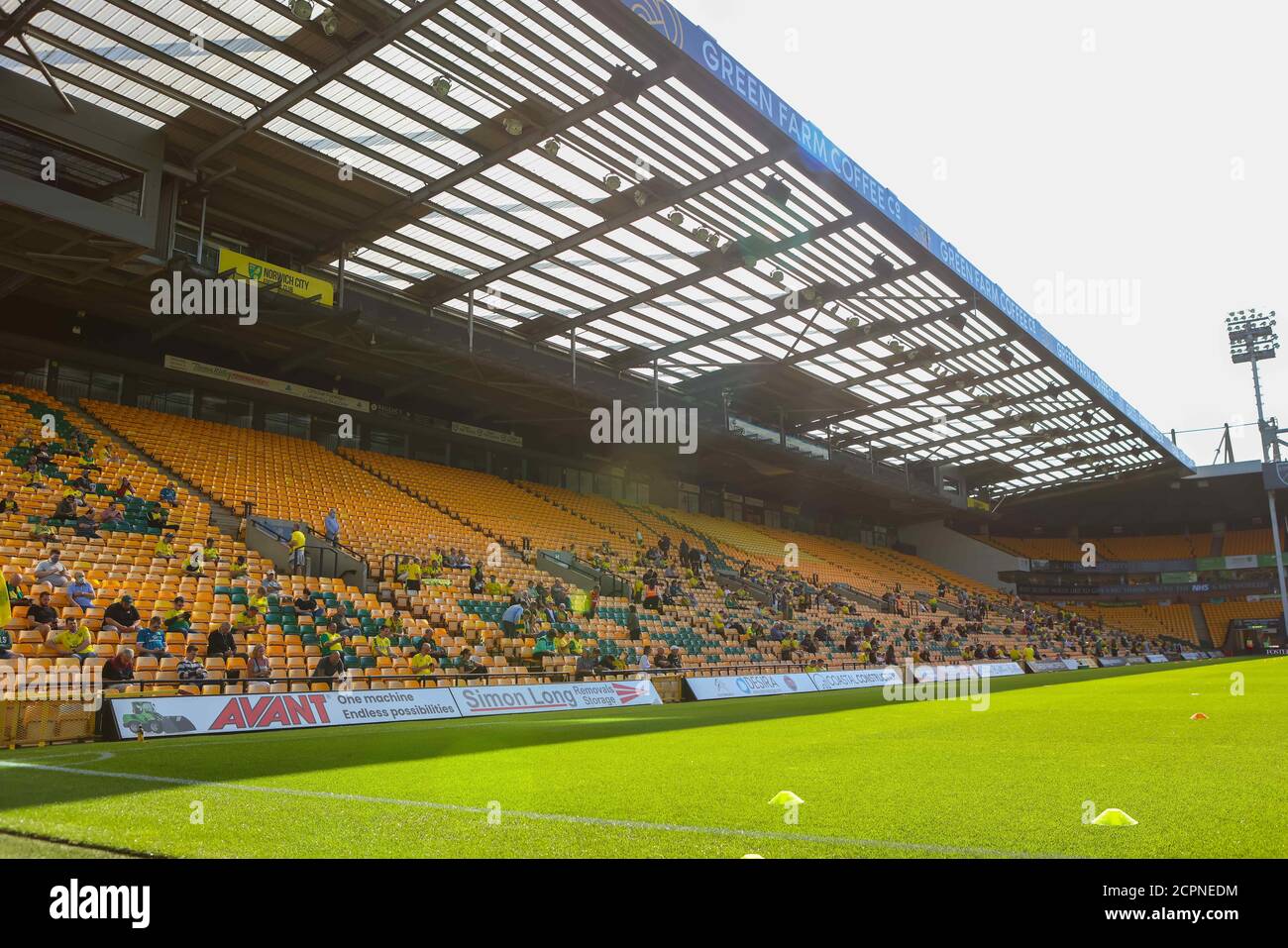 Norwich, UK. 19th Sep, 2020. Norwich, Norfolk, UK. 19th Sep, 2020. 19th September 2020; Carrow Road, Norwich, Norfolk, England, English Championship Football, Norwich versus Preston North End; Norwich City fans sit in the south stand before kick off Credit: Action Plus Sports Images/Alamy Live News Credit: Action Plus Sports Images/Alamy Live News Stock Photo