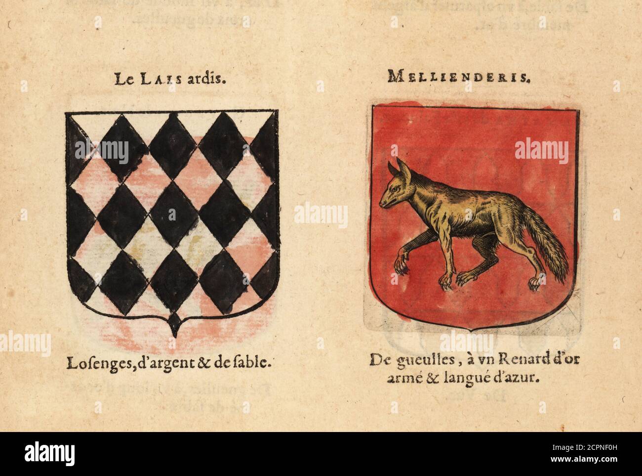 Imaginary coats of arms of the Fourth Chapter of King Arthur’s Knights of the Round Table: Le Laid Hardi, with black and silver losenges, and Meliant de Lis with gold fox on red field. Chevaliers de la table ronde: Le Lais ardis, Mellienderis. Handcoloured woodblock engraving from Hierosme de Bara’s Le Blason des Armoiries, Chez Rolet Boutonne, Paris, 1628 Stock Photo