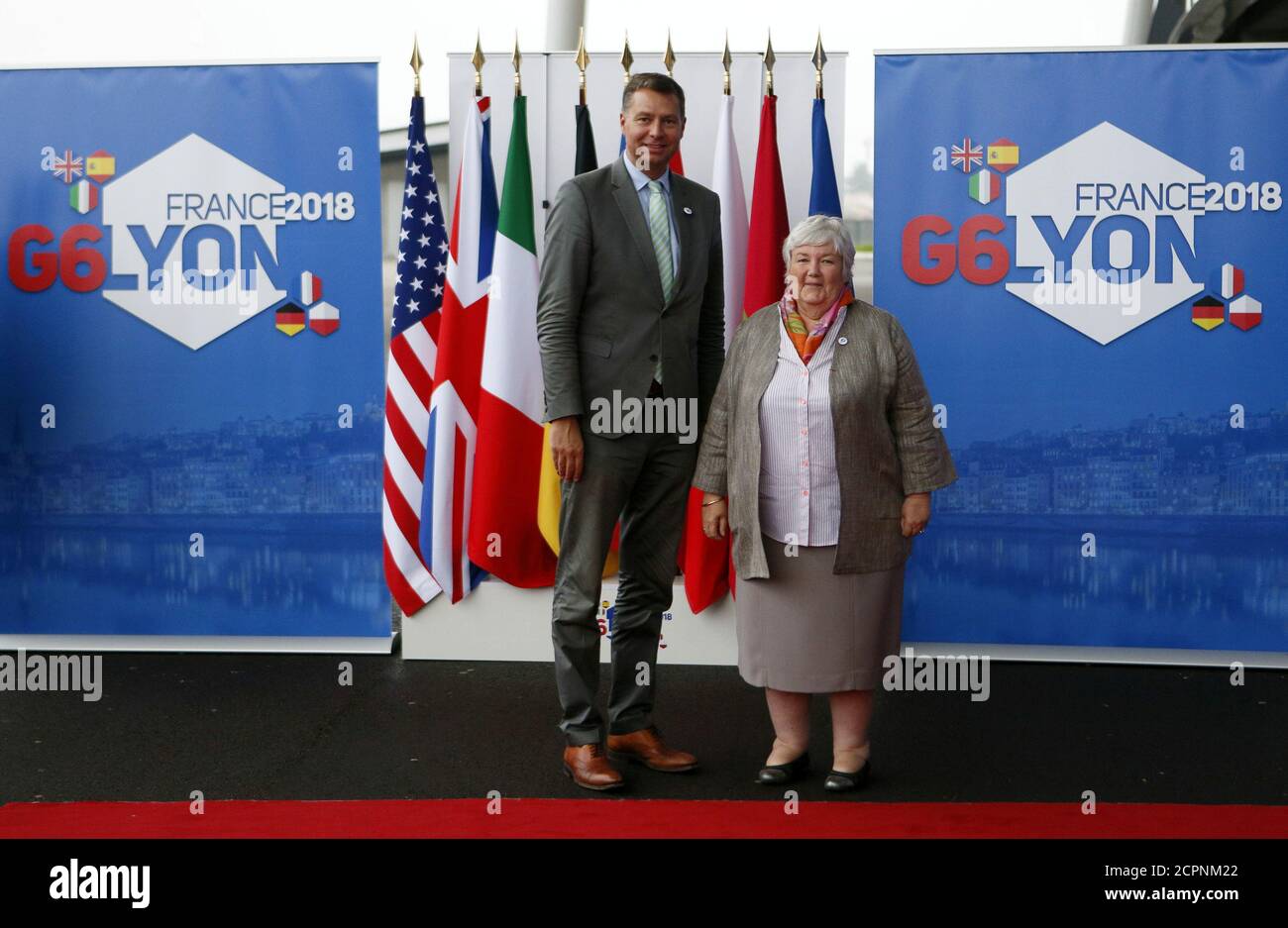 Jacqueline Gourault, French Minister attached to the Interior Minister, welcomes Germany's Interior Ministry State Secretary Stephan Mayer as Interior Ministers of the six largest EU countries arrive for a meeting to discuss security and anti-terror issues at the Groupama Stadium in Decines near Lyon, France, October 9, 2018. REUTERS/Emmanuel Foudrot Stock Photo