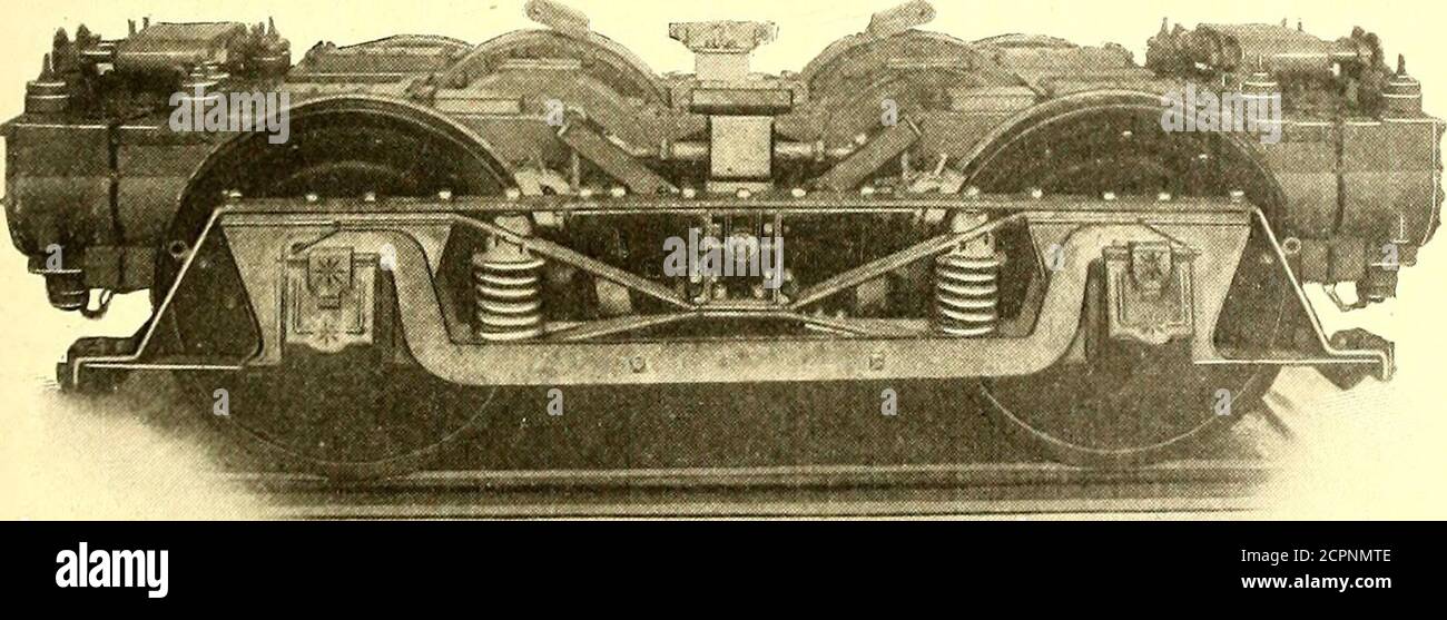 . The Street railway journal . FIG. 11.—SIDE VIEW OF LATEST MOTOR EQUIPMENT, WITH which will maintain a constant speed when provided with aconstant load. This eliminates the necessity of all step-downtransformers, resistances or other regulating devices and con-fines the current to the motors themselves, and as these arebelow the car floor the danger from the current is reduced tothe minimum. At the same time the air cylinders, in addition to performingall the functions of speed control, give to the machine the inde-pendent unit element, and the ability to store the kinetic energyof the train Stock Photo