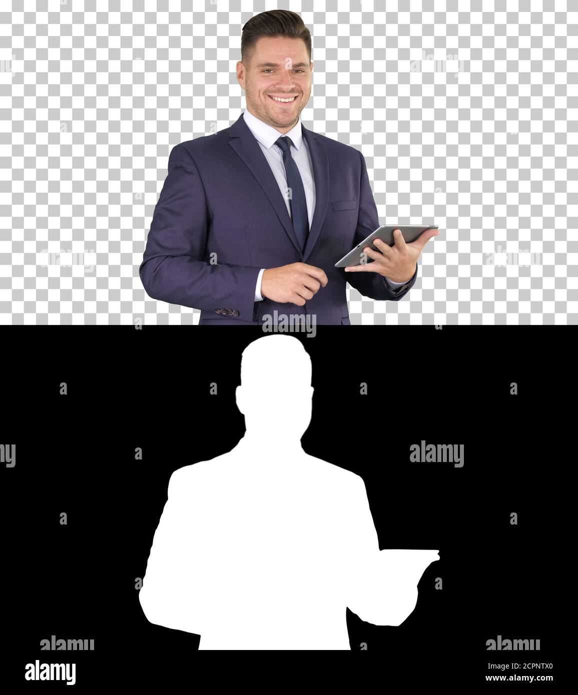 Expressive young businessman with tablet presenting something sw Stock Photo