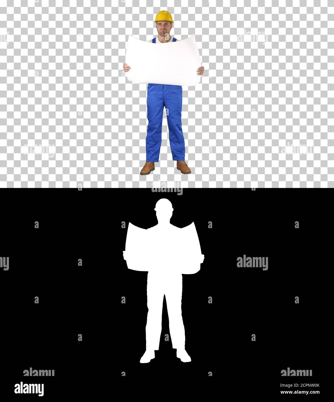 Construction worker checking blueprints on site, Alpha Channel Stock Photo