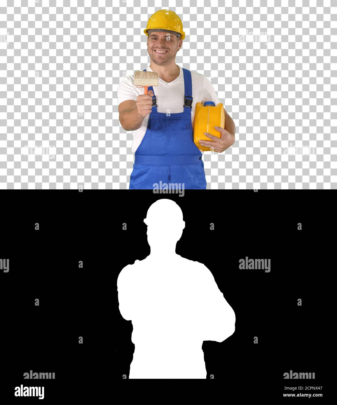 Worker holding paint brush smiling to camera, Alpha Channel Stock Photo