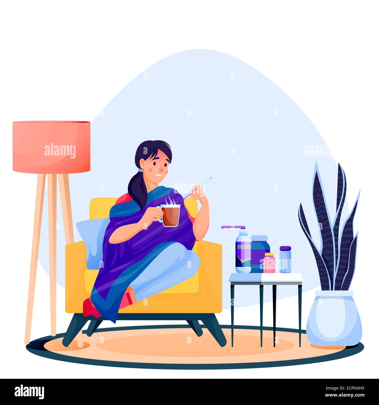 Flu sick woman sitting on arm-achair under plaid, drinks hot tea and measures temperature. Girl have autumn or winter seasonal cold respiratory infect Stock Vector
