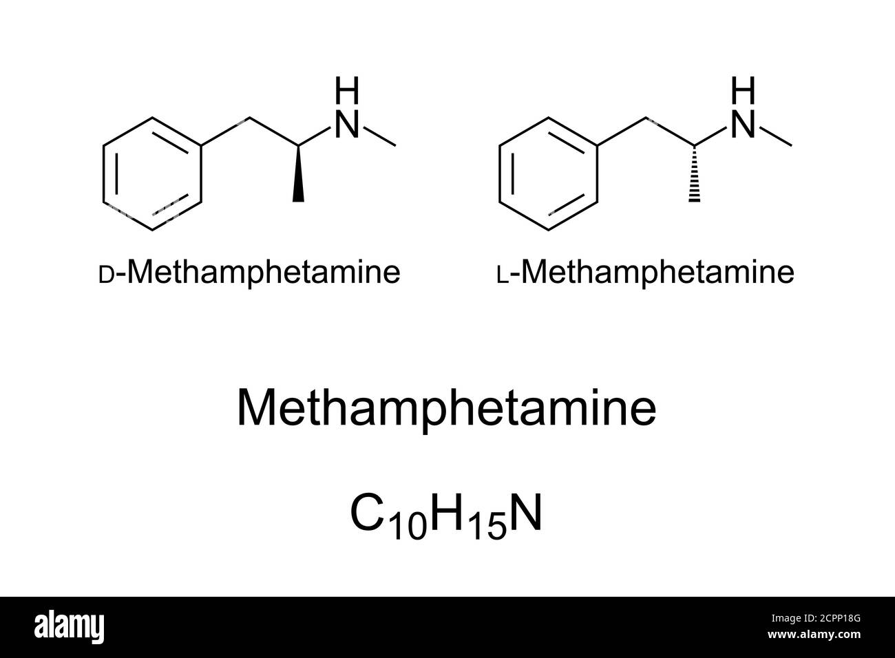 Methamphetamine, chemical structure. Stimulant and recreational drug, existing in two enantiomers. Known under the names meth or crystal meth. Stock Photo