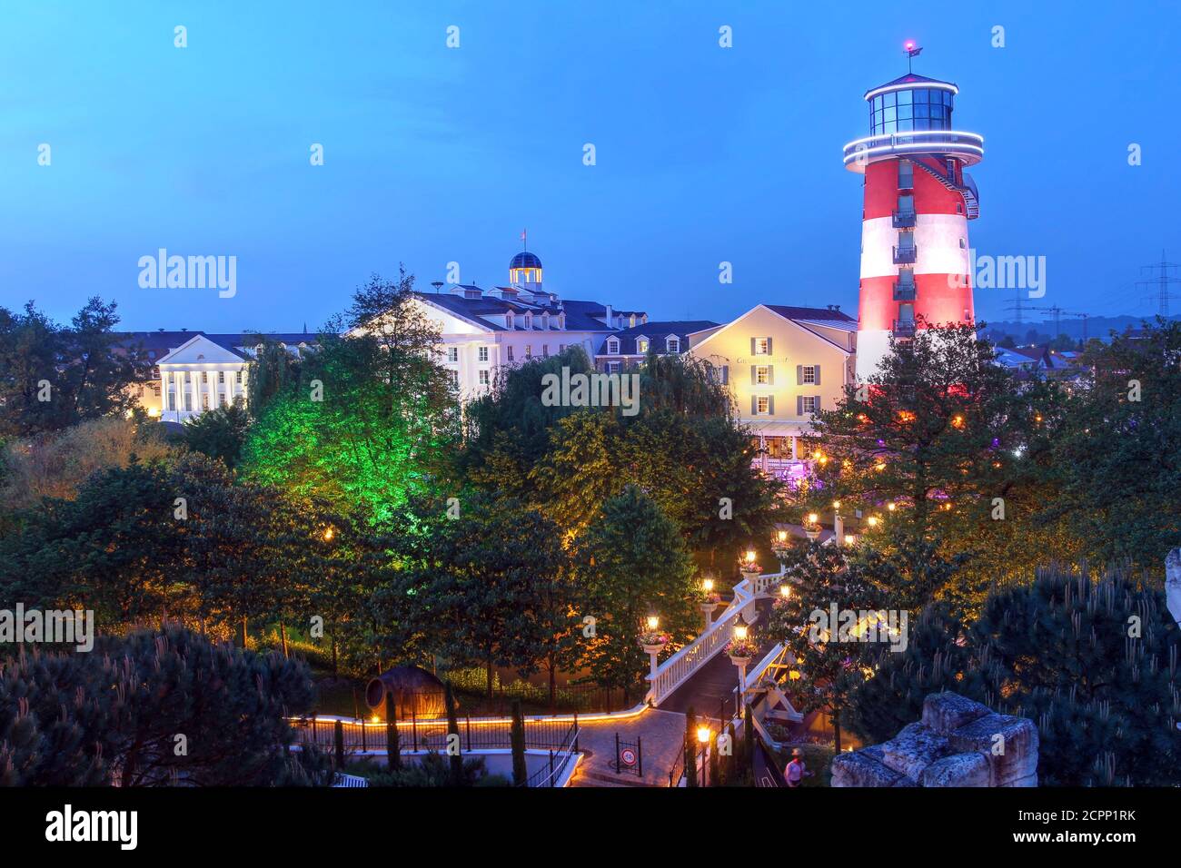 Rust, Germany - May 15, 2015: Skyline view of thematic Hotel Bell Rock in Europa Park, Rust, Germany. EuropaPark is the largest theme park in Germany Stock Photo