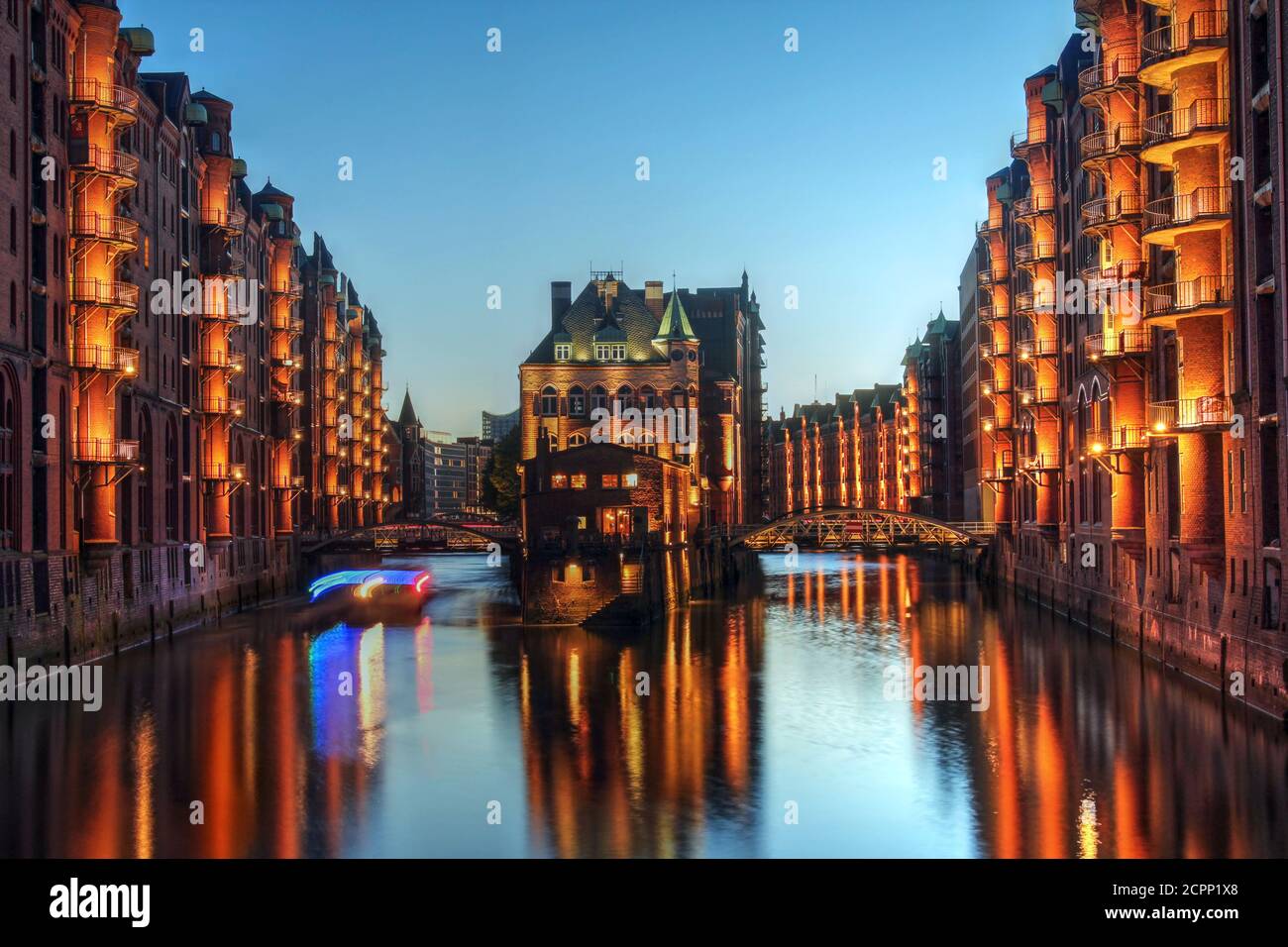 Twilight view of Warehouse District (Speicherstadt) in Hamburg, Germany Stock Photo