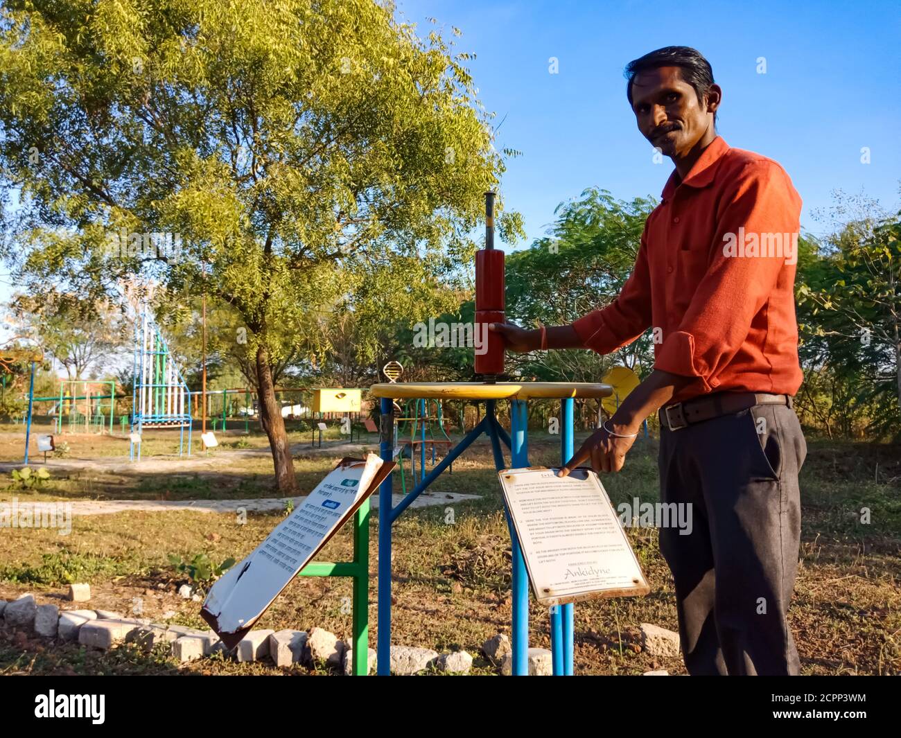 DISTRICT KATNI, INDIA - JANUARY 23, 2020: iron material made 1 plus 1 science model presentation on garden area, education program by Asian countries Stock Photo