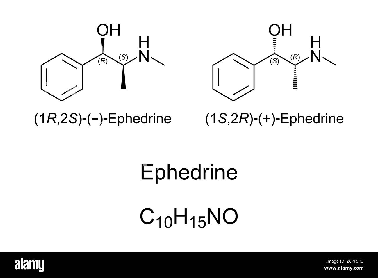 Ephedrine, chemical structure. Medication and stimulant to prevent low blood pressure and to treat obesity and asthma. Used illegally as doping agent. Stock Photo