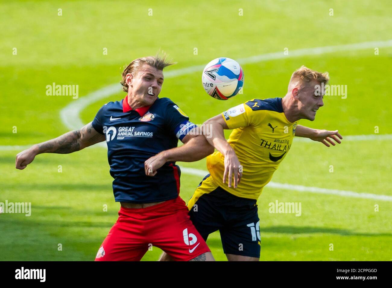 OXFORD, ENGLAND. SEPTEMBER 15TH 2020 Max Power of Sunderland and Mark Sykes of Oxford United during the Carabao Cup match between Oxford United and Watford at the Kassam Stadium, Oxford, England (Credit: Leila Coker | MI News) Credit: MI News & Sport /Alamy Live News Stock Photo