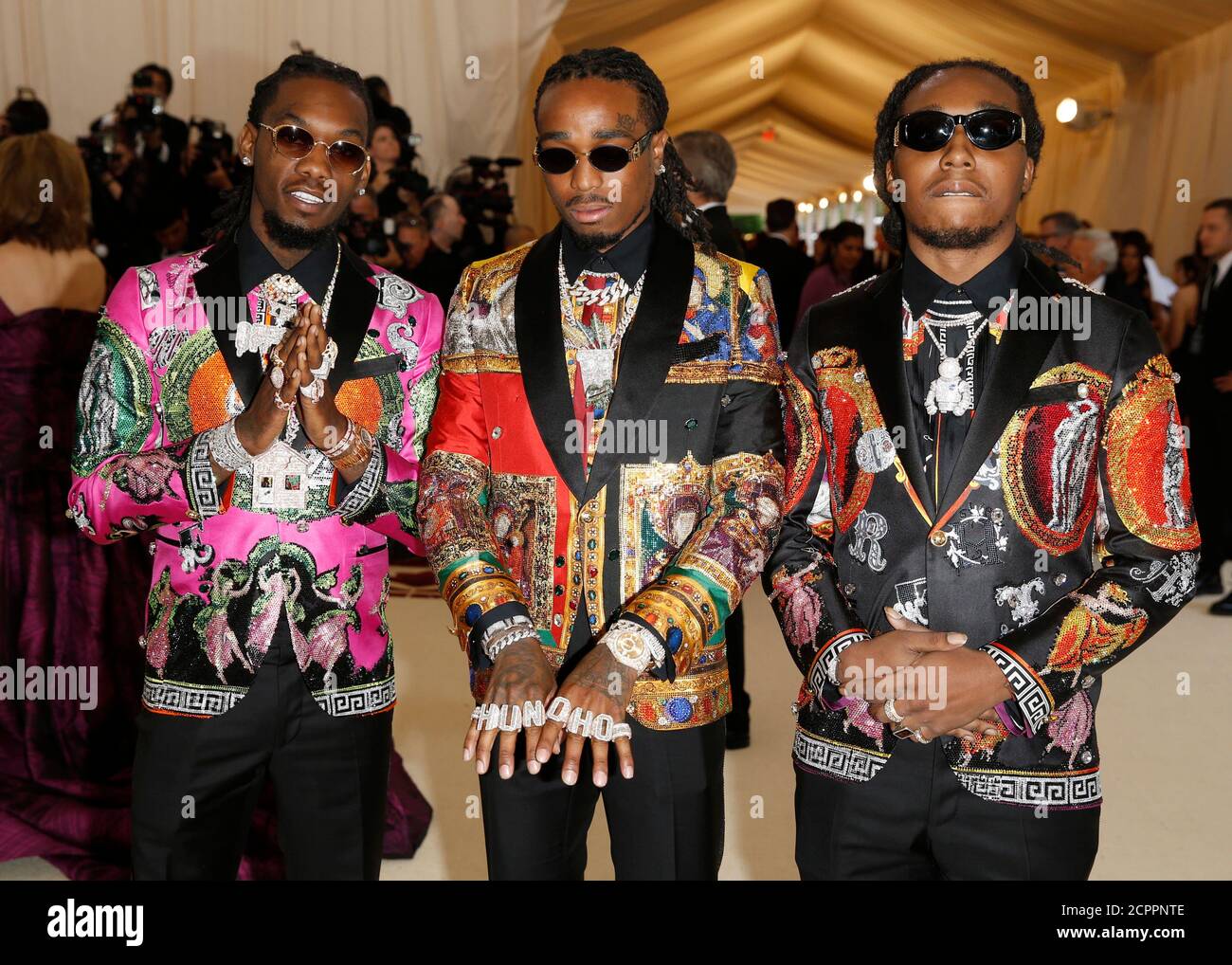 L-R) Takeoff, Quavo and Offset of Migos arrive at the Metropolitan Museum  of Art Costume Institute Gala (Met Gala) to celebrate the opening of  “Heavenly Bodies: Fashion and the Catholic Imagination” in