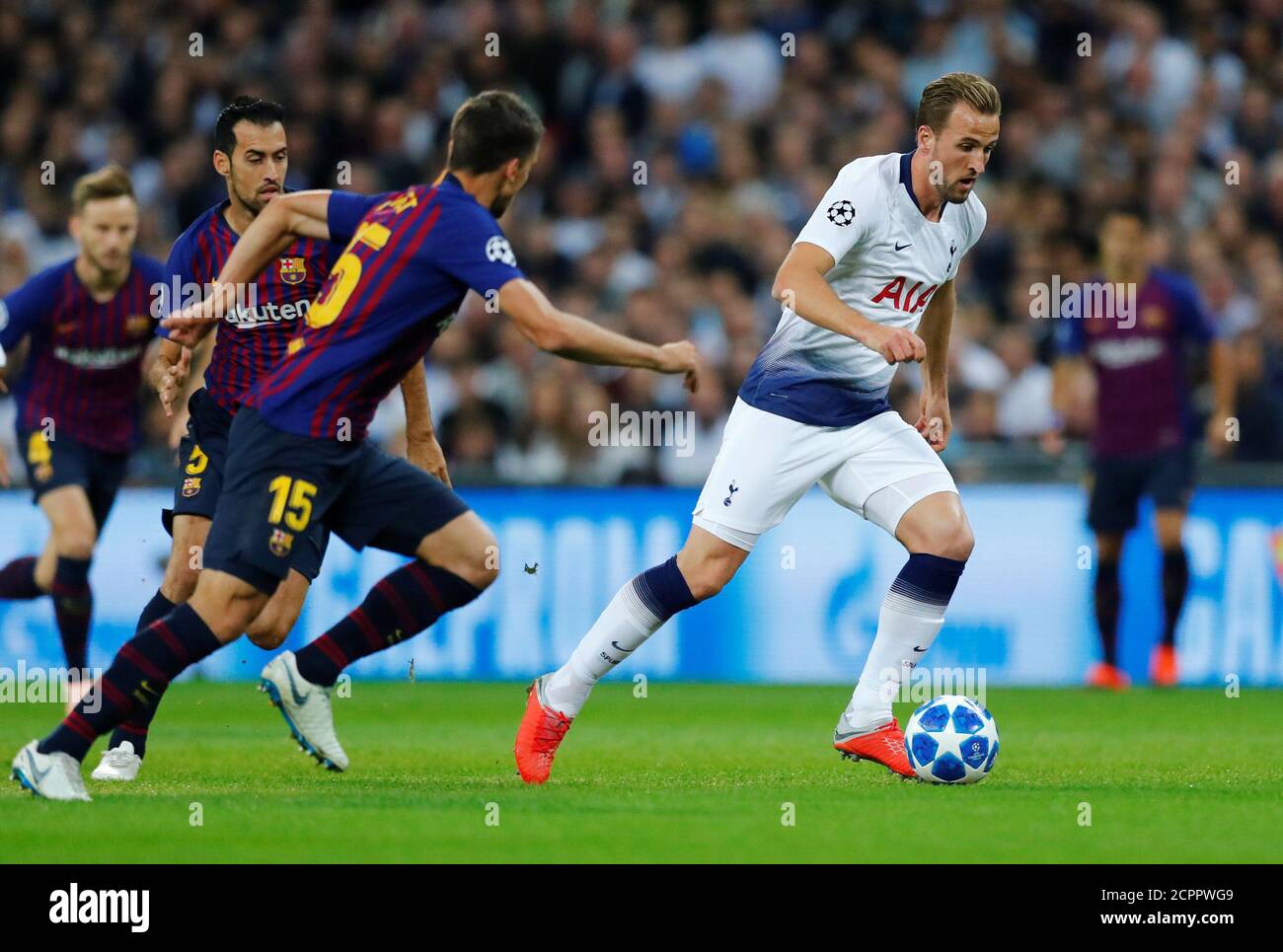 Soccer Football - Champions League - Group Stage - Group B - Tottenham Hotspur v FC Barcelona - Wembley Stadium, London, Britain - October 3, 2018  Tottenham's Harry Kane in action with Barcelona's Clement Lenglet     REUTERS/Eddie Keogh Stock Photo