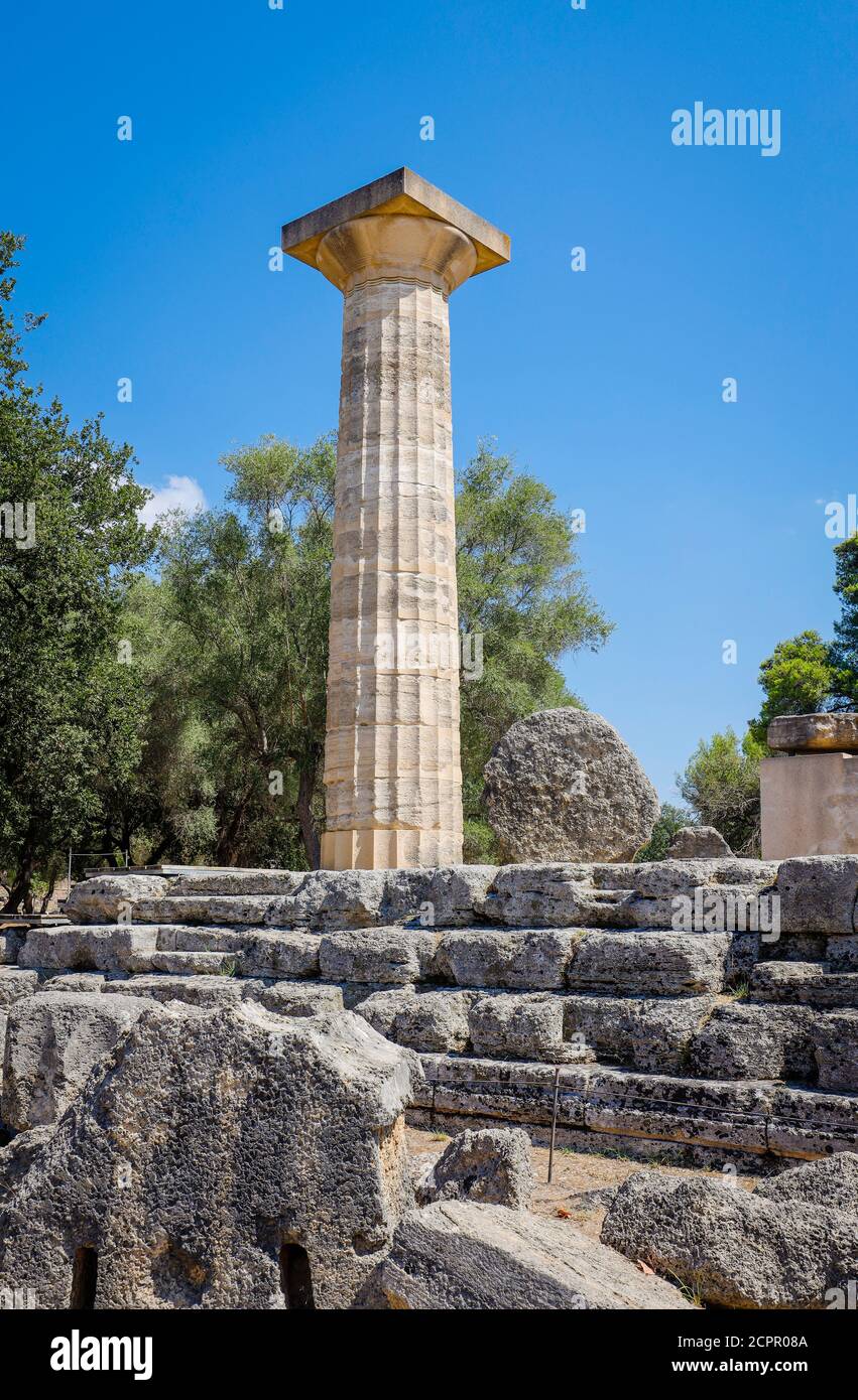 Olympia, Elis, Peloponnese, Greece - Ancient Olympia, here remains of columns from the Temple of Zeus. Stock Photo