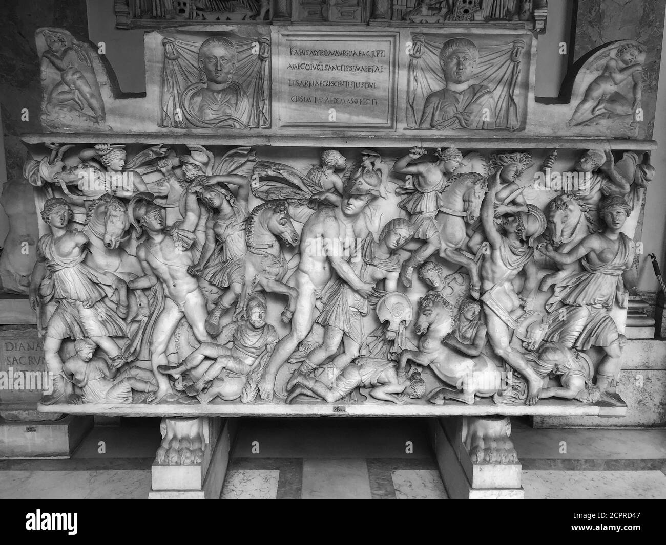 Roman Sarcophagus with the scene of Amazonomachy depicting Achilles and Penthesilea, Dated between 230 and 250 AD., Vatican. 4000X3000 I. Stock Photo