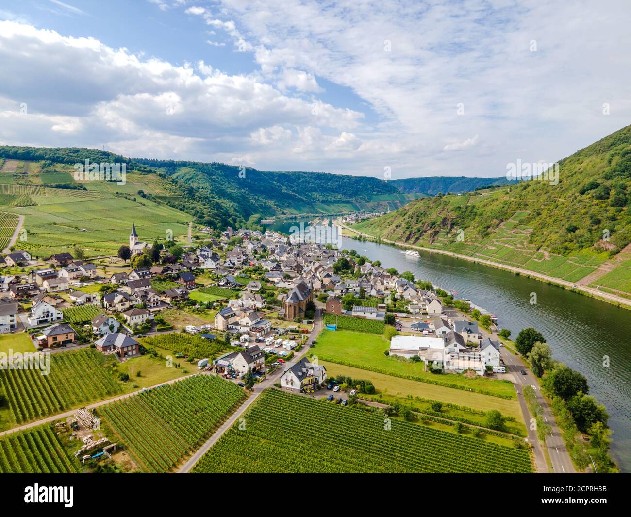 Ellenz-Poltersdorf aerial view, nearby Burg Metternich in the town Beilstein on romantic Moselle, Mosel river. Rhineland-Palatinate, Germany Stock Photo