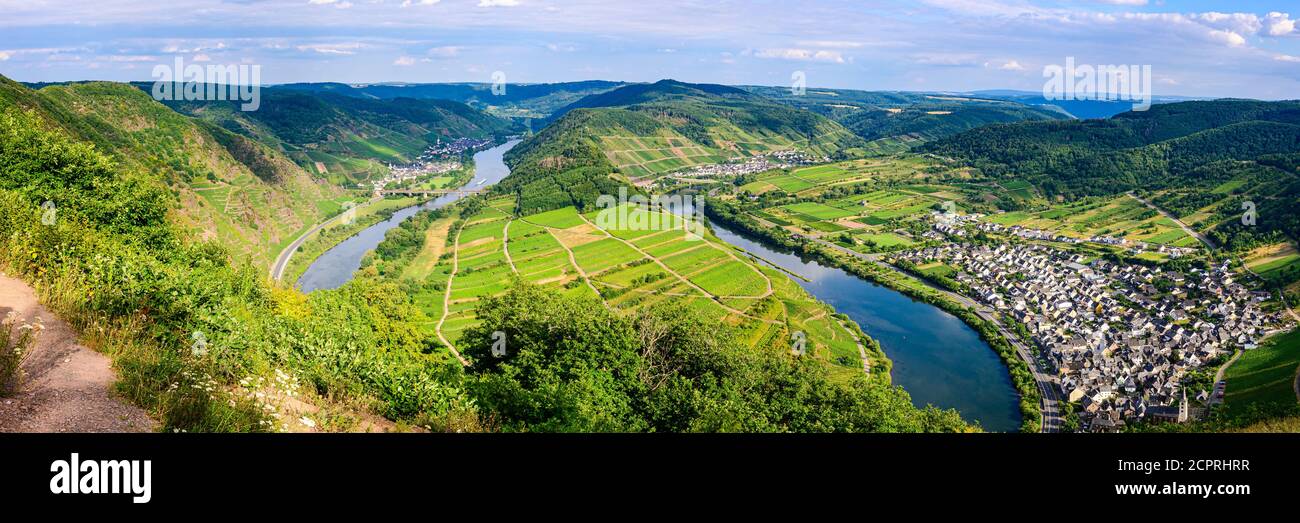 Loop of Bremm from Calmont on the romantic Moselle, Mosel river. Panorama view. Rhineland-Palatinate, Germany Stock Photo