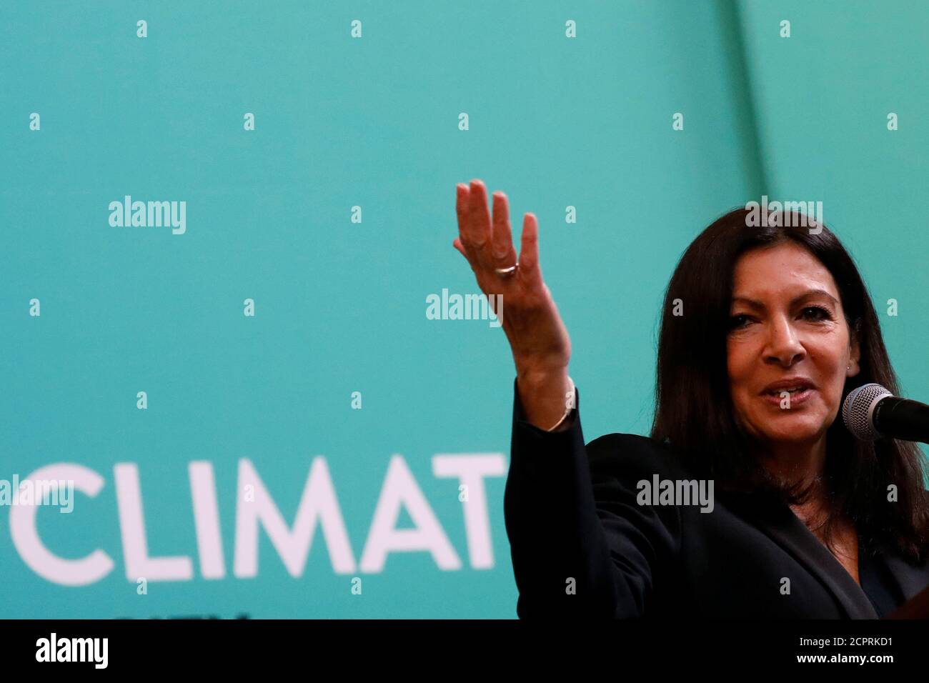 Paris Mayor Anne Hidalgo speaks during the C40 Cities Women4Climate event in New York City, U.S. March 15, 2017. REUTERS/Brendan McDermid Stock Photo