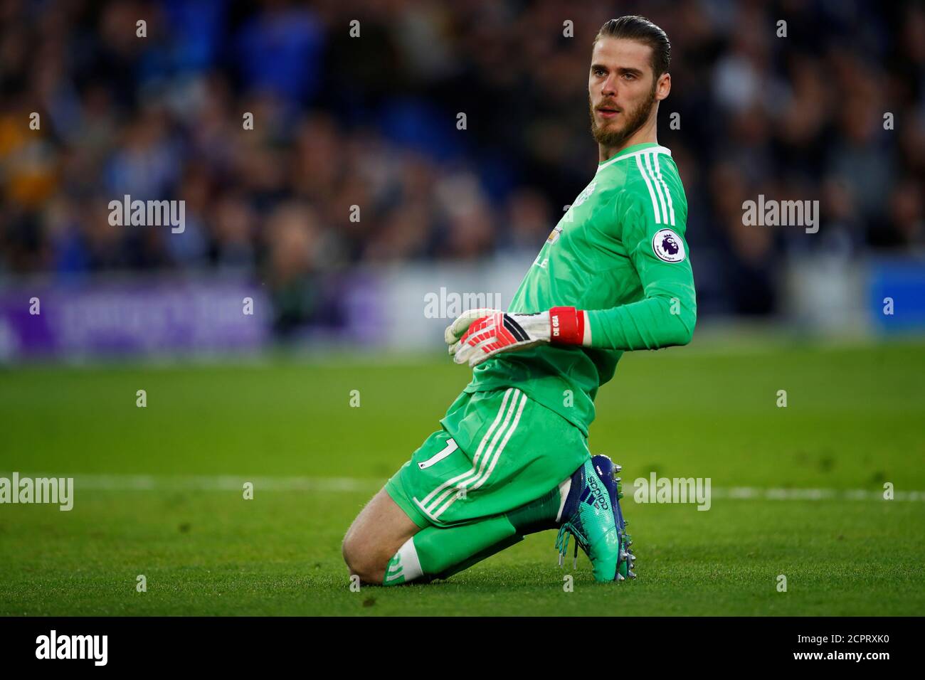 Soccer Football - Premier League - Brighton & Hove Albion v Manchester United - The American Express Community Stadium, Brighton, Britain - May 4, 2018   Manchester United's David De Gea reacts after making a save   REUTERS/Eddie Keogh    EDITORIAL USE ONLY. No use with unauthorized audio, video, data, fixture lists, club/league logos or 'live' services. Online in-match use limited to 75 images, no video emulation. No use in betting, games or single club/league/player publications.  Please contact your account representative for further details. Stock Photo