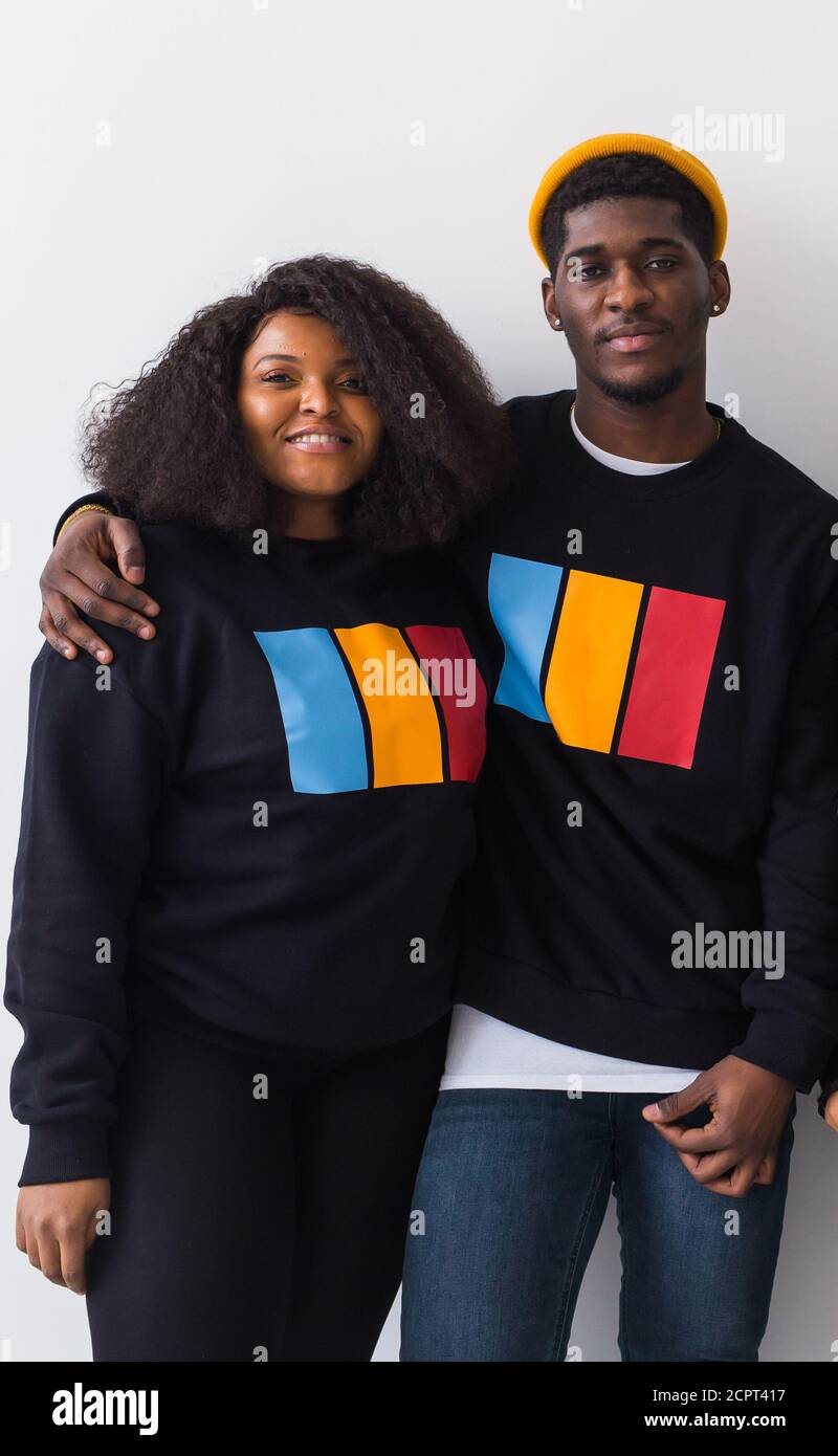 Happy African American woman and man have relationships, toothy smile ...