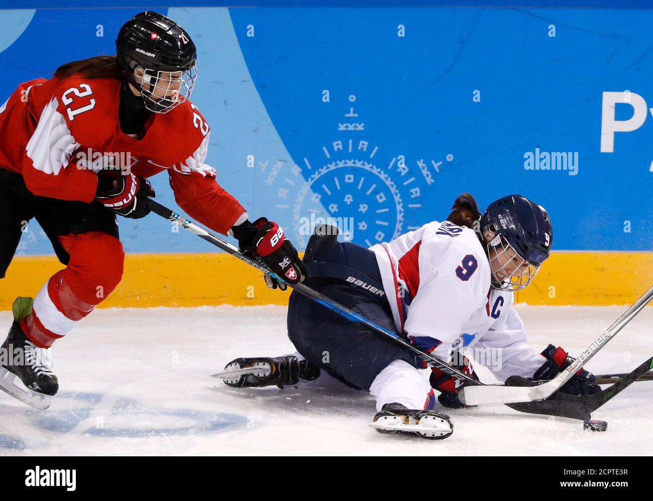 Ice Hockey - Pyeongchang 2018 Winter Olympics - Women's Classification  Match - Switzerland v Korea - Kwandong Hockey Centre, Gangneung, South  Korea - February 18, 2018 - Laura Benz of Switzerland (L)