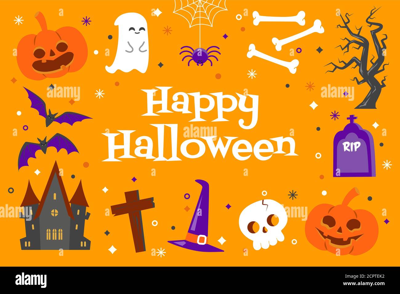 Happy Halloween background with cute objects in flat design on a yellow background Stock Vector