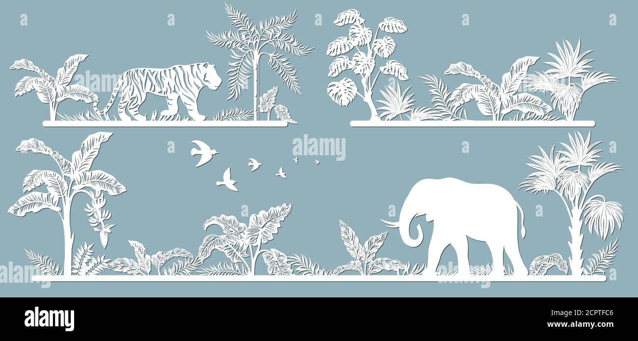 Animals on the line. Laser cut paper, template for DIY scrapbooking. Palm  trees, tiger, elephant. Animals, wildlife, bird, tree, grass, leaves From  pa Stock Vector Image & Art - Alamy