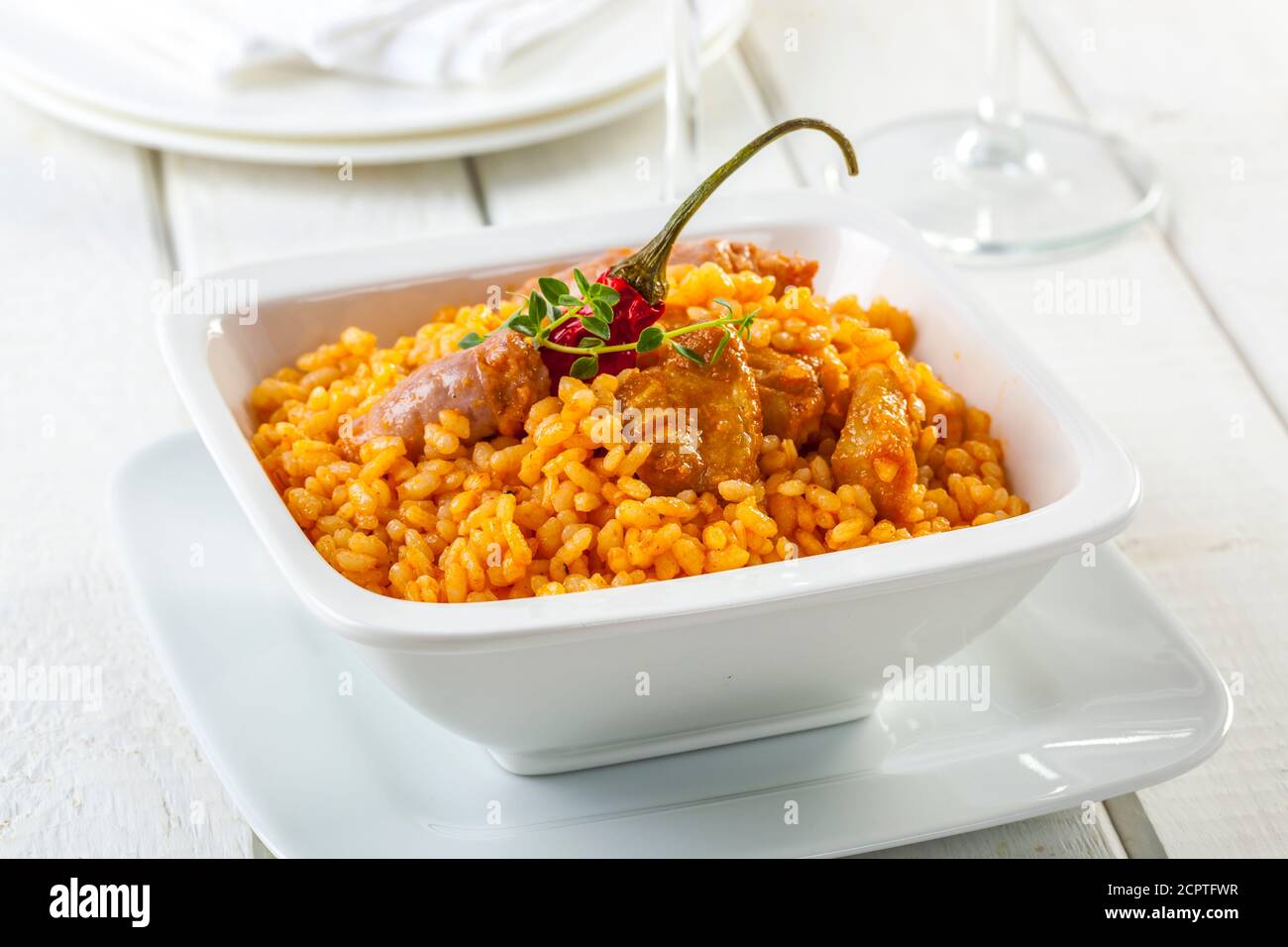 Spaicy rice dish with chicken and sausage Stock Photo