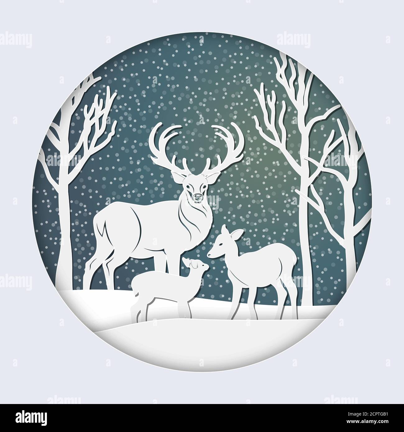 Deer in the snow, against the background of the forest. Paper crafts. Laser cutting, plotter cutting. stickers. Set template for laser cutting and Plo Stock Vector