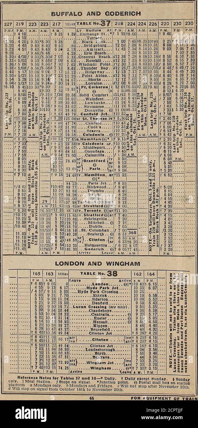 . Grand Trunk Railway system time tables railways and steamships . BUFFALO, JARVI3 AND ST. THOMAS 125 DSSS 123 Miles. t 625 I . 6.38 . t 6.65 5.2i 1 Ml 40/9.31 61.84 .5 12 10 9.37. 54.15 . TABLE No. 39 , .Bluck Rock. 12&.D356 128 ■ .StevensvlUe.. .. .Robins , ..Brookfleld Walland Jet. |.Feeder Sldlog.. .Marsbvllle . .. ..MoultOD..,. Cayuga .. .Decewavllle,.,..Nelles CoFDera.. HAMILTON, JARVIS, 8IMCOE AND ST. THOMAS t 8 50112 45 no . 55 to 35 4 55 12.55|i08.2;10 45 5 15 1.10:113 3;til 001 5 35t l-20:il[j 80 BLE No. 40 Hamilton eii-ai ..Kins Street..!!! ...Rymal , .Glanrord . ....CalBdonla. e{J, Stock Photo