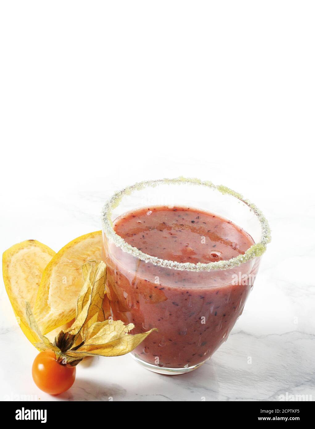 Natural homemade blueberry smoothie on white with copy space. Stock Photo