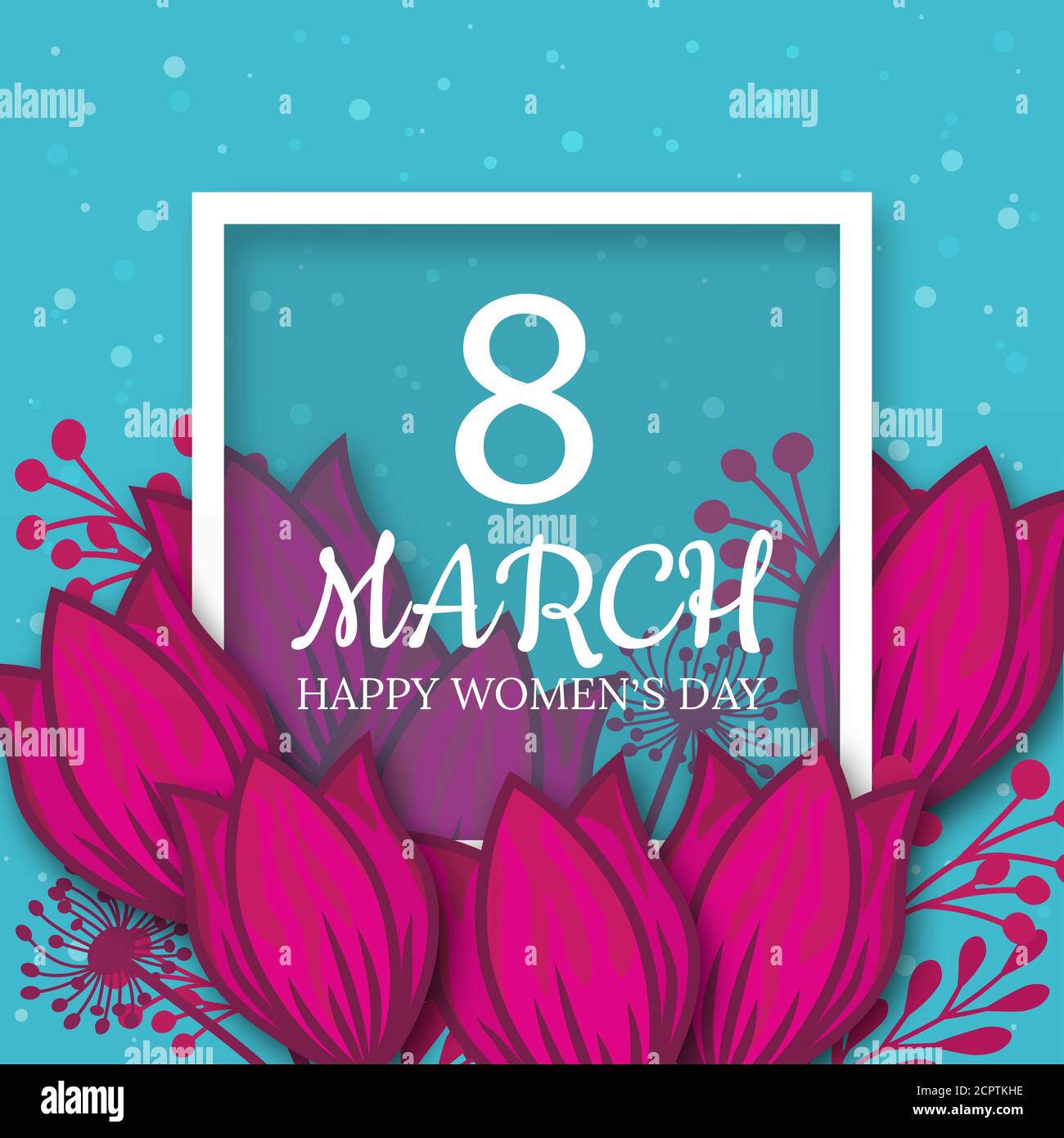 8 March. pink Floral Greeting card. International Happy Women's Day. Paper cut flower blue holiday background with Square Frame and space for text. Tr Stock Vector