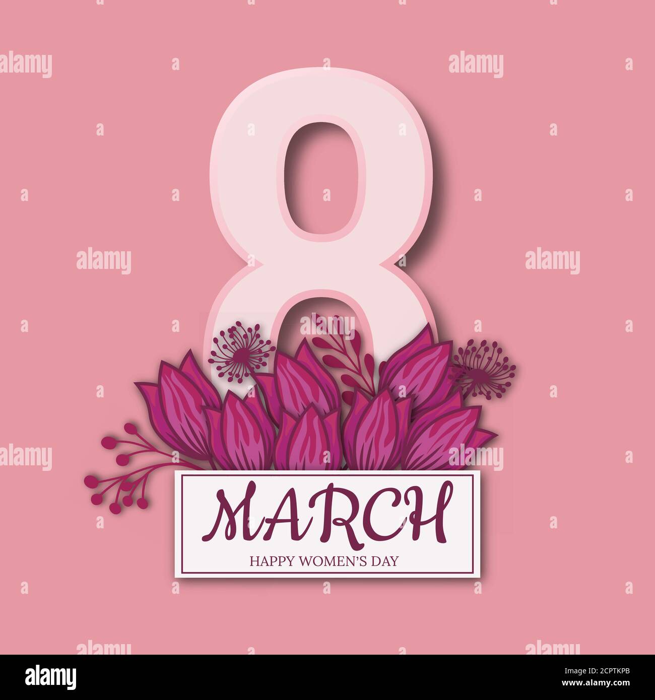 Abstract Pink Floral Greeting card - International Happy Women's Day - 8 March holiday background with paper cut Frame Flowers. Trendy Design Template Stock Vector