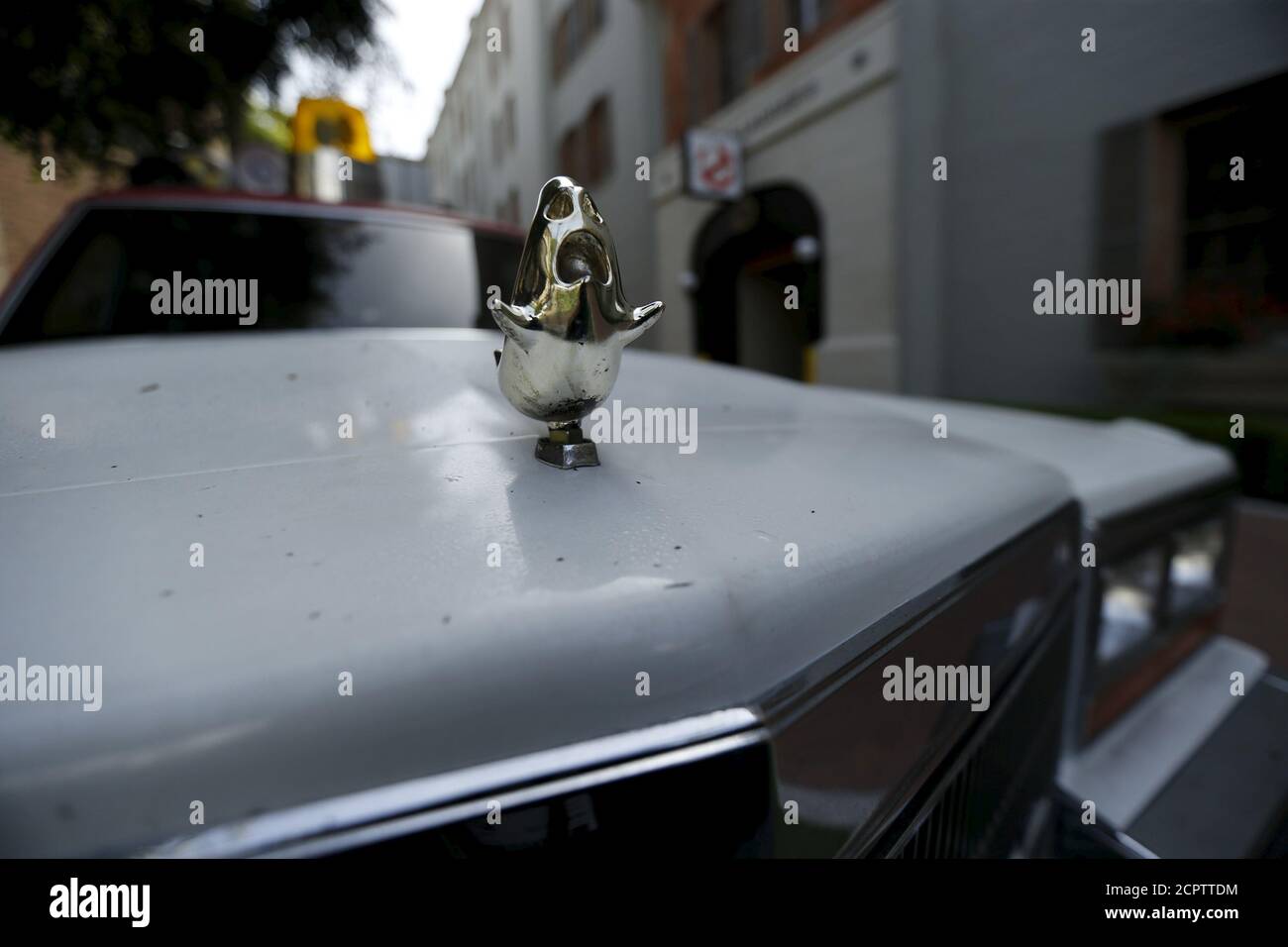 The hood ornament of an ECTO-1, the vehicle used in the upcoming movie 'Ghostbusters,' is pictured during a photo-call at Sony Studios in Culver City, California March 2, 2016.    REUTERS/Mario Anzuoni Stock Photo