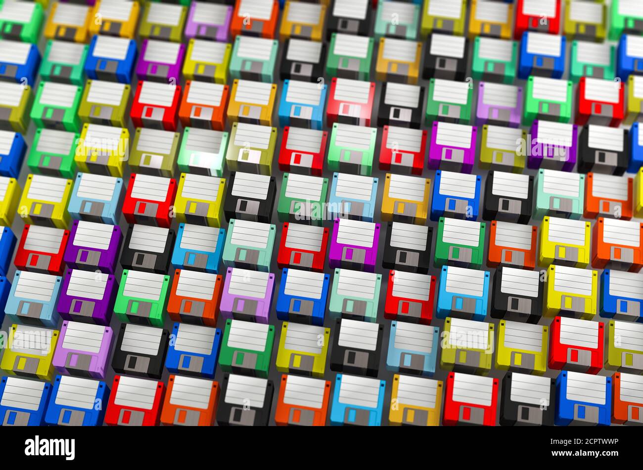Lots of brand new colorful Floppy Discs. 3D Rendering Stock Photo