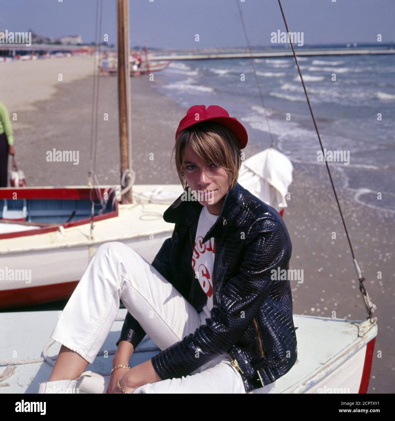 Singer and actress Francoise Hardy (Francoise Madeleine Hardy) at the beach during 27th Venice International Film Festival, September 1966. Stock Photo