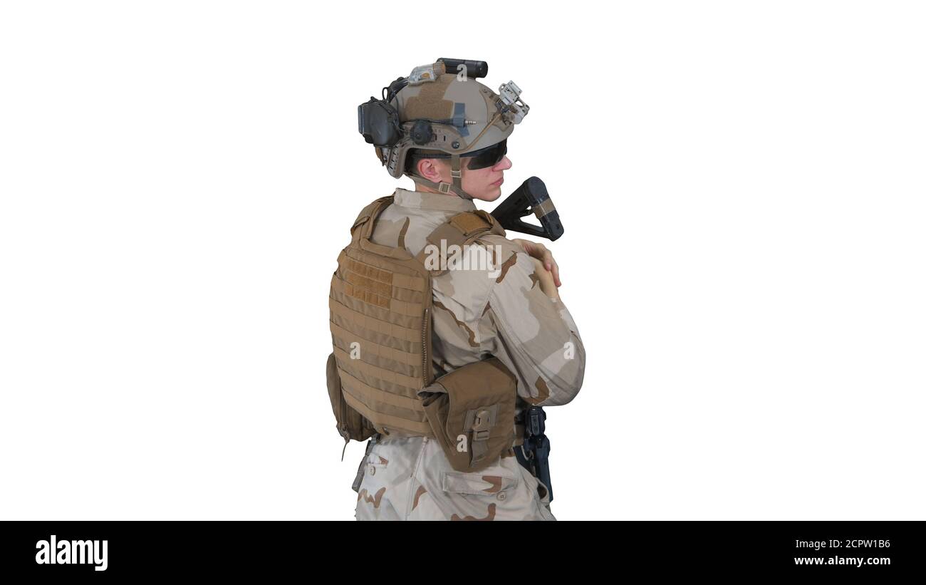 Fully Equipped Solder Holding Assault Rifle and Standing looking Stock Photo