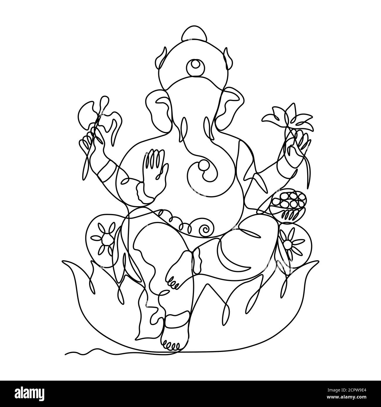 One continuous single drawn line art doodle spirituality happy ganesh indian culture .Isolated image of a hand drawn outline on a white background... Stock Vector
