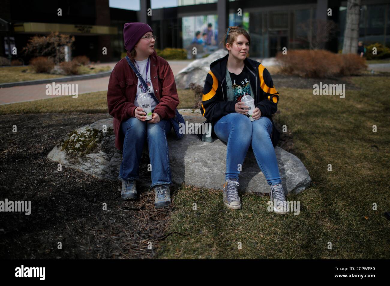 Twenty-one-year-old Syliva Holleran (L) and nineteen-year-old Lauren Duvall, speak to Reuters in Manchester, New Hampshire, U.S., March 28, 2018.  Picture taken March 28, 2018.    REUTERS/Brian Snyder Stock Photo