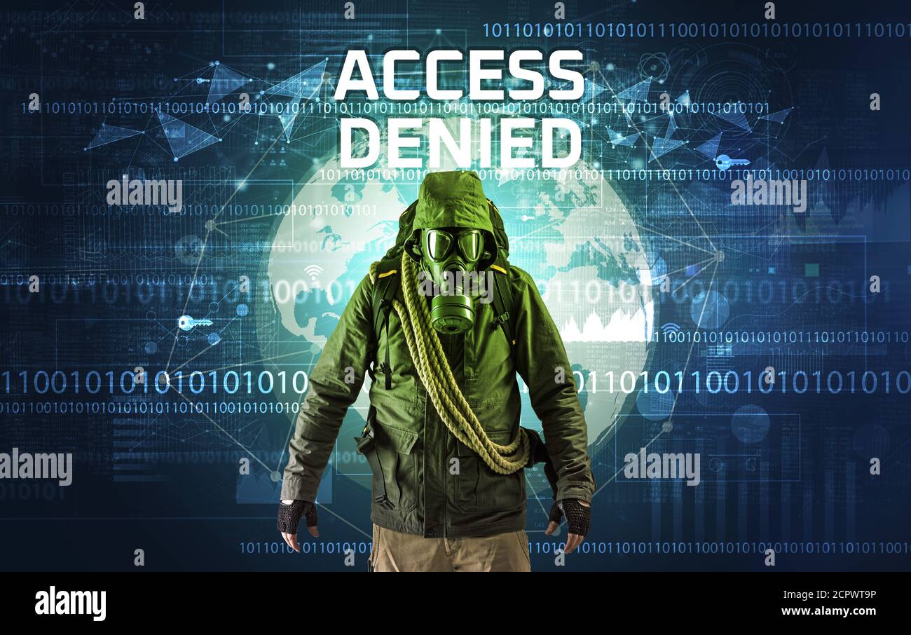 Faceless hacker at work with ACCESS DENIED inscription, Computer