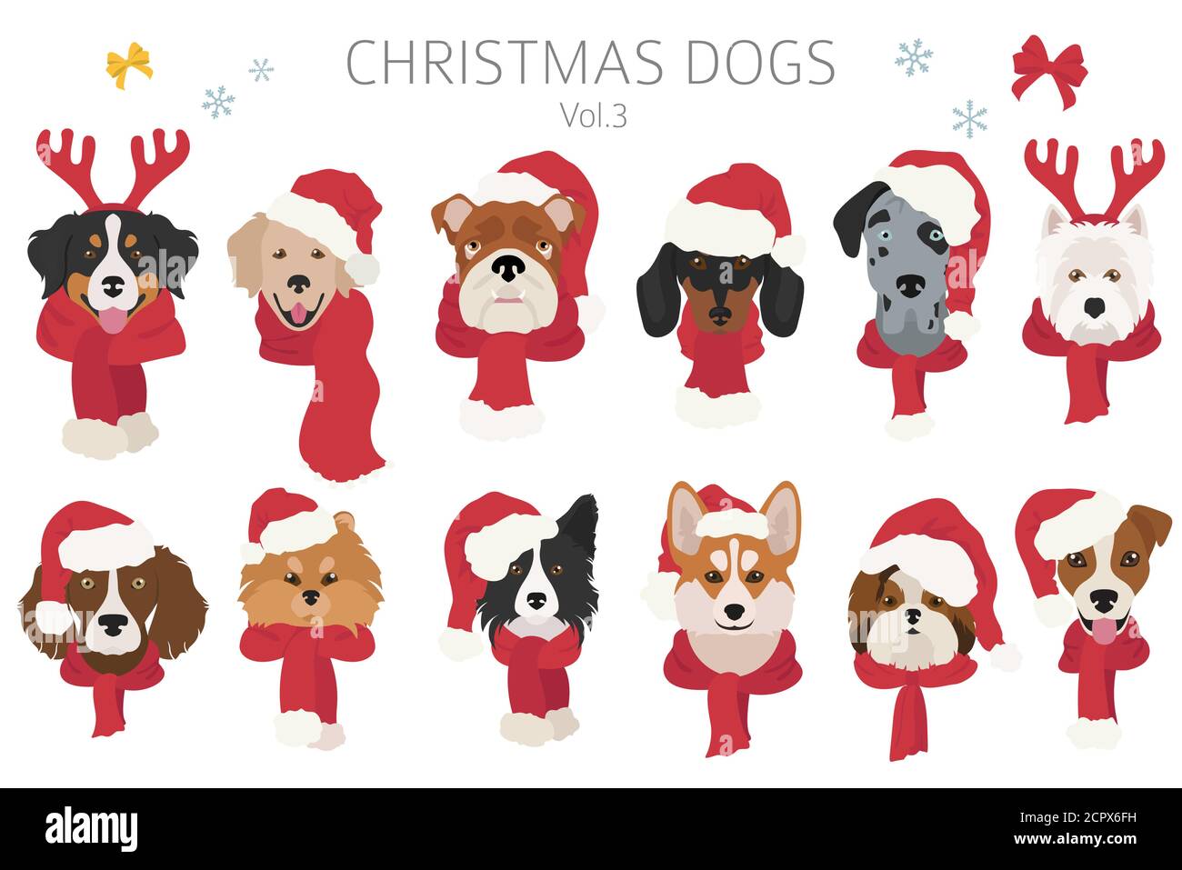 Dog portraits in Santa hats and scarves Christmas holiday design