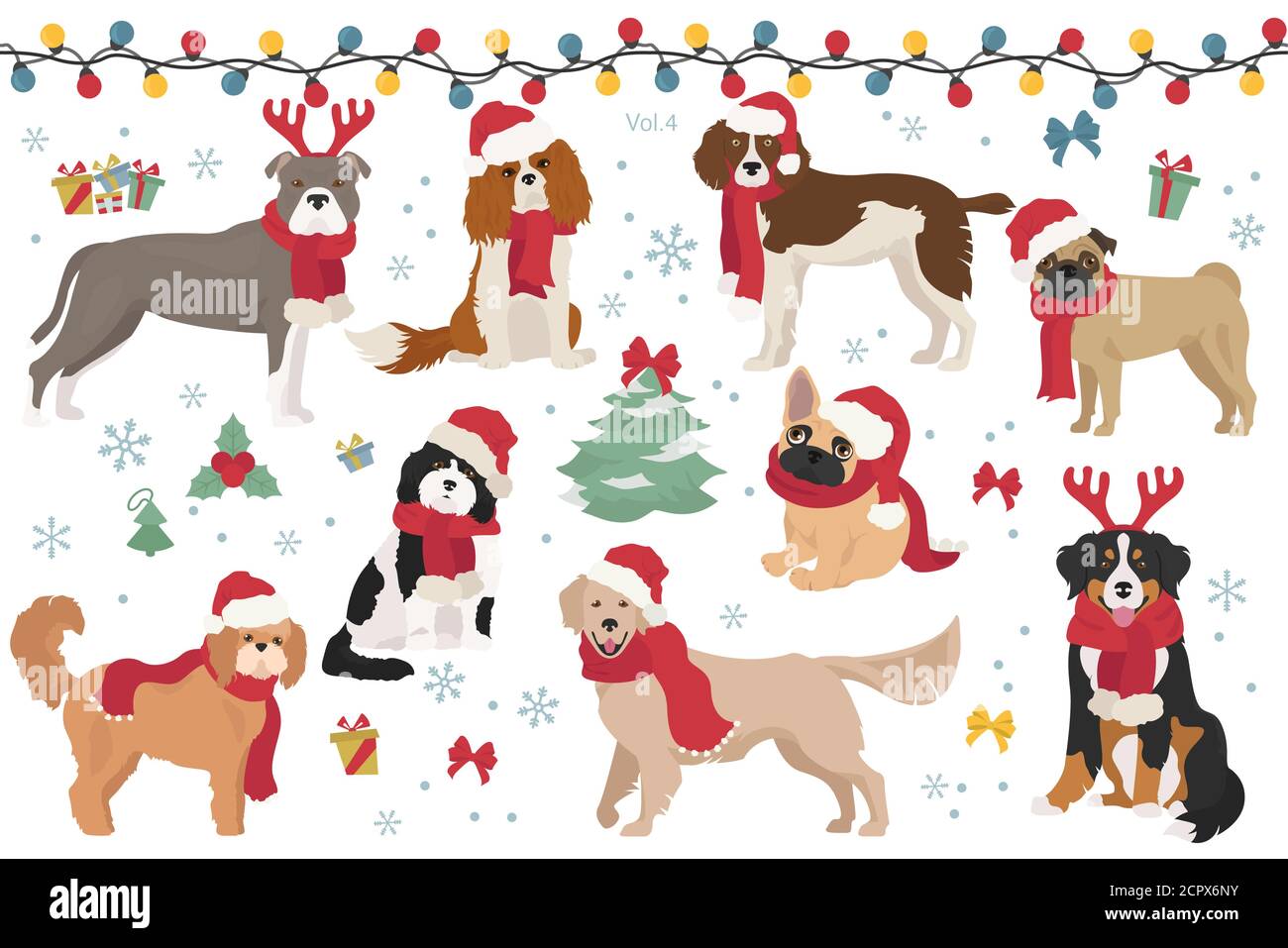 Dog characters in Santa hats and scarves Christmas holiday design