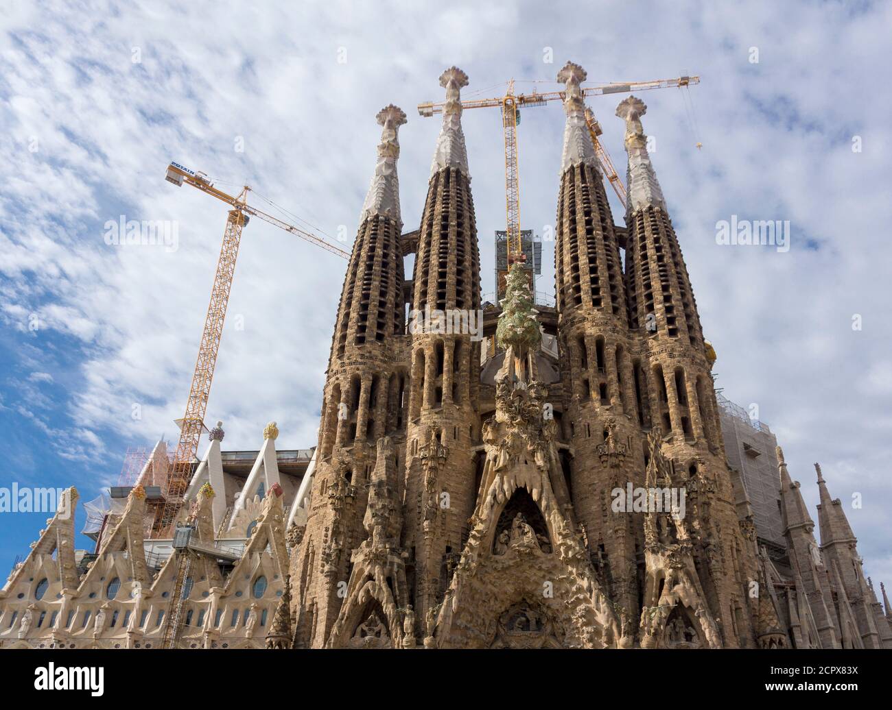 Barcelona, Sagrada Familia basilica, nativity facade, construction site ...